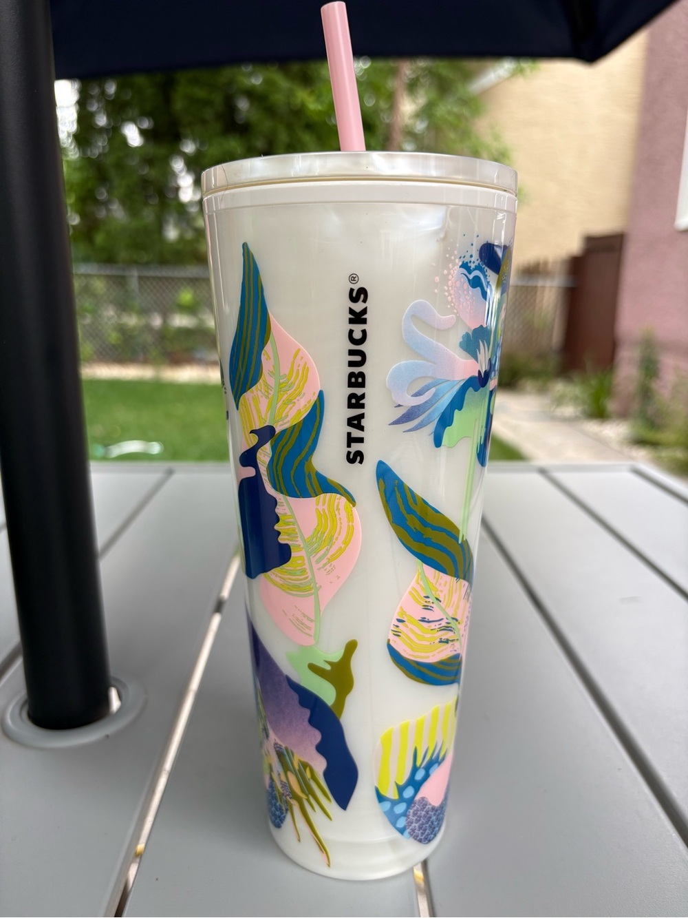 Starbucks Pearl Finish w/Floral-Pattern Tumbler with Pink Straw